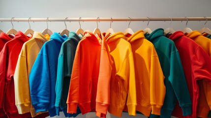 Wall Mural - Variety of hoodies in bright colors arranged on hangers in store 