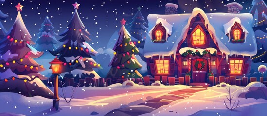 Canvas Print - A winter wonderland with a house covered in snow, Christmas trees adorned with decorations, and a sky filled with magic