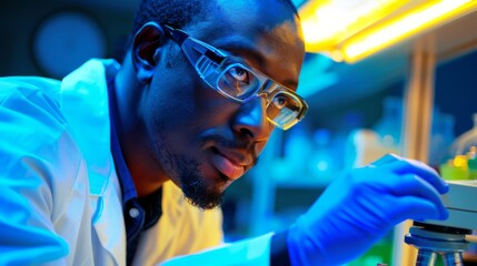 Aufkleber - A male scientist is intensely focused on his work in a high-tech laboratory filled with colorful equipment and substances