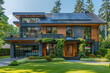 photo of modern home in vancouver, wood and stone accents on exterior walls, solar panels on roof, green grass lawn. Created with Ai