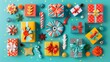 set of New Year's gifts, in bright multicolored colors, top view, graphic design