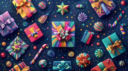 Wall Mural - set of New Year's gifts, in bright multicolored colors, top view, graphic design