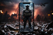 Military soldier standing on the battlefield and viewing mobile phone