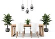 A dining table with chairs and pendant lights, three white high back chairs around the long wooden dining table