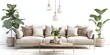 A cozy living room with modern furniture, a sofa and coffee table, a floor lamp and hanging chandelier, planters on a white background