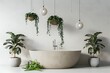  modern bathtub with potted plants and hanging lamps on white background