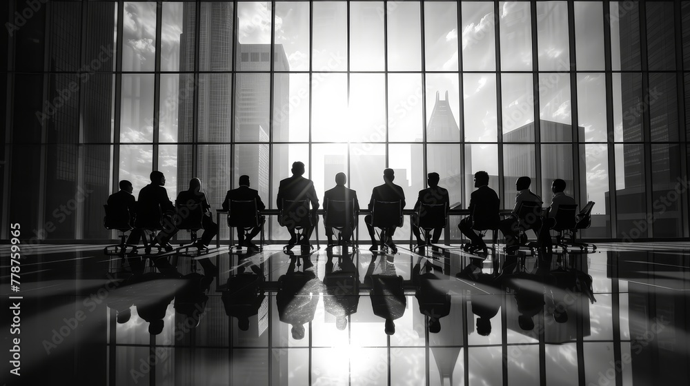 A group of people sitting in a room with a large window in the ...