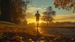 A runner is running in a park with a beautiful sunset in the background. The scene is peaceful and serene, with the runner enjoying the fresh air and the beautiful scenery