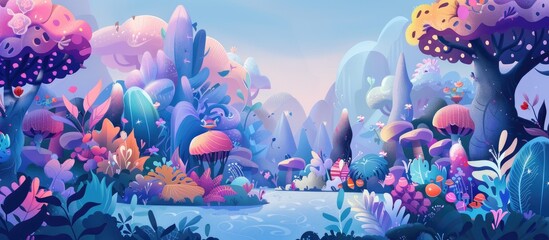 Sticker - Immerse yourself in a whimsical fairytale forest filled with towering trees, enchanting mushrooms, and a picturesque sky dotted with fluffy clouds. Perfect for entertainment, travel, and recreation