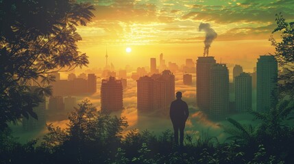 Fototapete - A man stands on a hill overlooking a city with a large building in the background. The sky is orange and the sun is setting