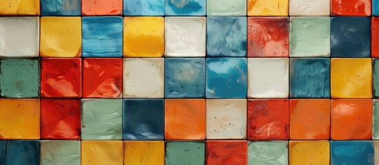 Poster - A closeup shot of a Brown, Azure and Aqua checkered pattern on a wall, showcasing artistic creativity through colorful rectangles and symmetrical design