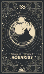 Wall Mural - Aquarius zodiac sign, vintage black background with female character engraving, astrological symbols, date, constellation, modern horoscope chart. Mystical hand drawn vector illustration, calendar.