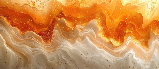 Wall Mural - A closeup of a stunning piece of amber and orange marble resembling a fiery landscape painting, showcasing the geological phenomenon of heat and water creating beautiful art