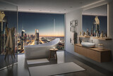 Fototapeta  - 3d illustration of bathroom with skyline view at night