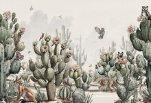 Wallpaper Landscape Pattern Of The Desert Environment, Wild Animals, Cacti, Desert Trees, Birds And Butterflies, With A White Background.