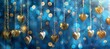 A background of hanging golden hearts with bokeh lights, creating an elegant and romantic atmosphere for Valentine's Day or wedding events. Gold heart shapes for romantic decoration design