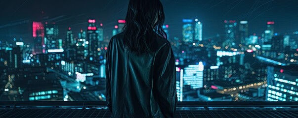 Wall Mural - Bathed in the gentle glow of city lights, a woman stands on a balcony, taking in the mesmerizing nocturnal vista spread out before her.