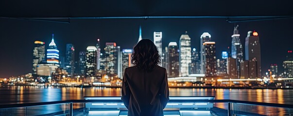 Sticker - With the city sprawled out below her, a woman stands on a balcony, captivated by the allure of the urban landscape illuminated by the night.