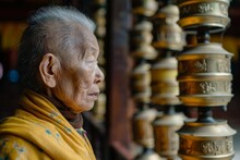 A Side View Of An Aged Individual Standing Near A Row Of Intricate Tibetan Prayer Wheels In A Temple