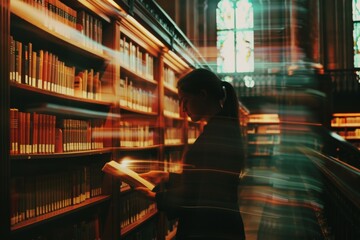 Poster - A woman engrossed in reading a book in a library with motion blur creating a mystic atmosphere