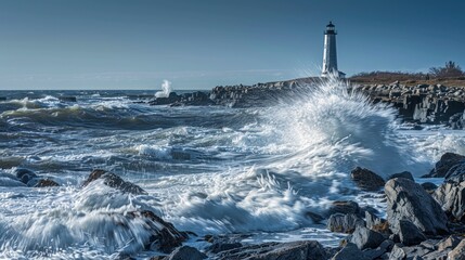 Poster - Waves on the rocks in front of the lighthouse .AI generated image