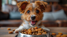 A Close-up Of A Cheerful Dog Looking Directly At The Camera With A Bowl Full Of Dog Food In The Foreground