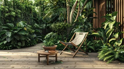 Canvas Print - Wooden chairs with a table in the small garden in the corner of the house.AI generated image