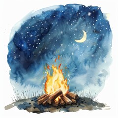 Wall Mural - Watercolor clipart of a summer night campfire under the stars on white background