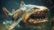 Close-up shot of monster fish with sharp teeth underwater