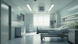 Habitación blanca de hospital clínico de salud con luz natural y equipo moderno. Habitación con cama para tratamiento de medicina.