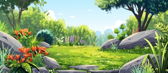 Sticker - A beautiful natural landscape painting featuring a lush green forest with trees, rocks, and a clear blue sky. The scene includes terrestrial plants, grass, and a serene ambiance for leisure