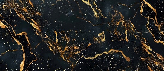 Poster - A detailed shot of a black and gold marble texture resembling a city skyline, with veins mimicking tree branches and soil patterns, creating a unique terrestrial plantlike landscape