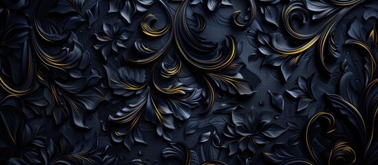 Canvas Print - A detailed black and gold floral pattern decorates a wall, resembling a sculpture of intricate metal art with a dark, elegant design, forming a circle of beauty