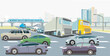 Personenwagen und Lastwagen auf der Autobahn mit Schnellzug,    Illustration