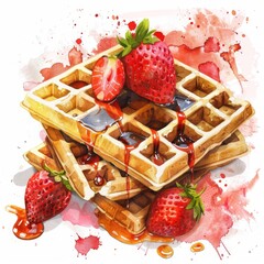 Wall Mural - Belgian waffles, strawberry and syrup, watercolor splatter,