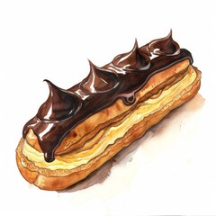 Wall Mural - Eclair, glossy chocolate icing, pastry cream, watercolor,