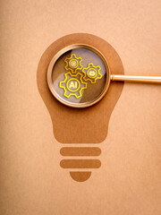 Poster - Business solution strategy with Artificial intelligence innovative technology concept. Gear symbols with AI, bot and target icons in magnifying glass lens on light bulb flat icon on brown background.