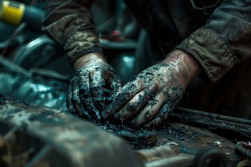 Aufkleber - Close-up of a mechanic's hands covered in grease and oil while working on machinery parts in a workshop
