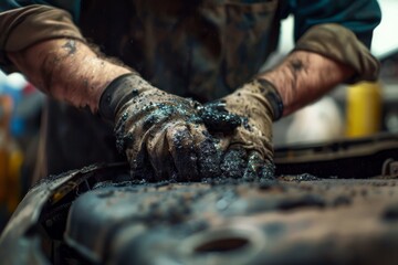 Fototapete - Close-up view of a worker's hands thoroughly covered in grease while fixing engine parts in a workshop