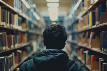 Poster - A young individual stands amidst bookshelves, seemingly deep in thought or deciding on a book to pick from the diverse array of literature