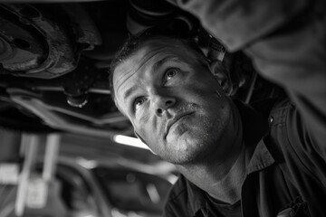 Poster - Black and white image depicting a mechanic inspecting or working on the underside of a car, showing details such as the suspension and chassis