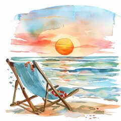 Wall Mural - Watercolor clipart of a cozy beach chair facing the setting sun, on white background