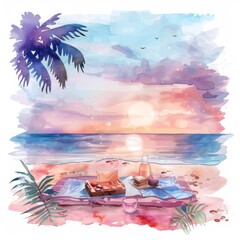 Wall Mural - Watercolor clipart of a picnic setup on the beach under a cotton candy sunset sky, on white background