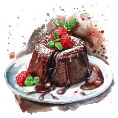 Wall Mural - Watercolor illustration of a gourmet chocolate lava cake,