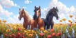 A group of horses stands majestically under the summer sky, among flowers and green grass.