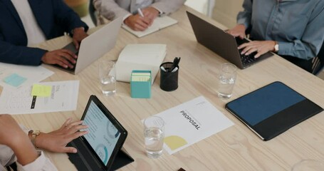 Poster - hands, meeting and paperwork with tech for notes, planning with research and business proposal. lapt