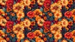 A colorful floral pattern with bees in the middle. The flowers are orange and yellow, and the bees are black. Scene is cheerful and lively, with the bees adding a sense of movement