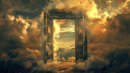 Wall Mural - the door open to the universe , center framed, yellow, clouds