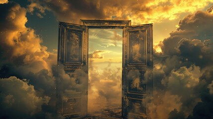 Wall Mural - the door open to the universe , center framed, yellow, clouds