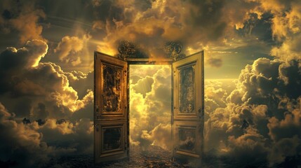 Wall Mural - the door open to the universe , center framed, yellow, clouds
